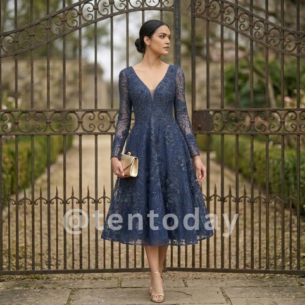 Mac‎ Duggal Size 6 Dark Navy Blue Floral Lace Long Sleeve Midi Formal Dress MOB